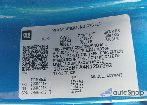 2022 Chevrolet Colorado 2Wd Short Box Wt z USA, uszkodzony, nr VIN 1GCGSBEA4N1297393